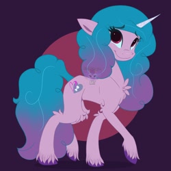 Size: 3000x3000 | Tagged: safe, artist:fluffdragonart, izzy moonbow (mlp), equine, fictional species, mammal, pony, unicorn, feral, hasbro, my little pony, my little pony g5, spoiler, spoiler:my little pony g5, 2021, chest fluff, cutie mark, female, fluff, gradient mane, gradient tail, high res, hooves, horn, horn pattern, mare, simple background, smiling, solo, solo female, speculation, tail, unshorn fetlocks