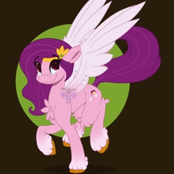 Size: 3000x3000 | Tagged: safe, artist:fluffdragonart, pipp petals (mlp), equine, fictional species, mammal, pegasus, pony, feral, hasbro, my little pony, my little pony g5, spoiler, spoiler:my little pony g5, 2021, chest fluff, circlet, coat markings, feathered wings, feathers, female, fluff, high res, hooves, mare, simple background, smiling, socks (leg marking), solo, solo female, speculation, spread wings, tail, unshorn fetlocks, white wings, wings