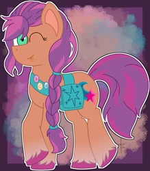 Size: 1797x2048 | Tagged: safe, artist:finnythewolfie, sunny starscout (mlp), earth pony, equine, fictional species, mammal, pony, feral, hasbro, my little pony, my little pony g5, spoiler, spoiler:my little pony g5, 2021, bag, braid, coat markings, cute, cutie mark, female, hair, hooves, mare, one eye closed, simple background, socks (leg marking), solo, solo female, speculation, tail, unshorn fetlocks, winking