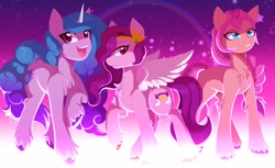 Size: 4096x2512 | Tagged: safe, artist:gaiki, izzy moonbow (mlp), pipp petals (mlp), sunny starscout (mlp), earth pony, equine, fictional species, mammal, pegasus, pony, unicorn, feral, hasbro, my little pony, my little pony g5, spoiler, spoiler:my little pony g5, 2021, braid, chest fluff, circlet, cutie mark, feathered wings, feathers, female, females only, fluff, gradient mane, gradient tail, hair, high res, hooves, horn, horn pattern, lighting, mare, speculation, tail, trio, trio female, unshorn fetlocks, white wings, wings