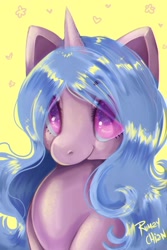 Size: 2000x3000 | Tagged: safe, artist:rumay_chian, izzy moonbow (mlp), equine, fictional species, mammal, pony, unicorn, feral, hasbro, my little pony, my little pony g5, spoiler, spoiler:my little pony g5, 2021, bust, female, gradient mane, high res, horn, horn pattern, mare, simple background, smiling, solo, solo female, sparkles, speculation