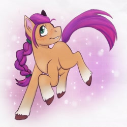 Size: 2048x2048 | Tagged: safe, artist:ezpz_art, sunny starscout (mlp), earth pony, equine, fictional species, mammal, pony, feral, hasbro, my little pony, my little pony g5, spoiler, spoiler:my little pony g5, 2021, braid, coat markings, female, hair, high res, hooves, mare, simple background, smiling, socks (leg marking), solo, solo female, sparkles, speculation, tail, unshorn fetlocks