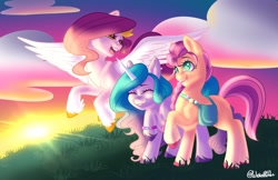 Size: 2048x1324 | Tagged: safe, artist:wicked-red-art, izzy moonbow (mlp), pipp petals (mlp), sunny starscout (mlp), earth pony, equine, fictional species, mammal, pegasus, pony, unicorn, feral, hasbro, my little pony, my little pony g5, spoiler, spoiler:my little pony g5, 2021, bag, dawn, feathered wings, feathers, female, females only, flying, gradient mane, gradient tail, hooves, horn, horn pattern, mare, speculation, spread wings, tail, trio, trio female, unshorn fetlocks, white wings, wings
