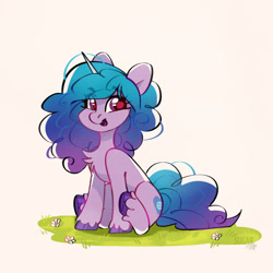Size: 1024x1024 | Tagged: safe, artist:sugarstar-ru, izzy moonbow (mlp), equine, fictional species, mammal, pony, unicorn, feral, hasbro, my little pony, my little pony g5, spoiler, spoiler:my little pony g5, 2021, chest fluff, cute, cutie mark, female, fluff, gradient mane, gradient tail, hooves, horn, horn pattern, mare, simple background, sitting, solo, solo female, speculation, tail, unshorn fetlocks, white background