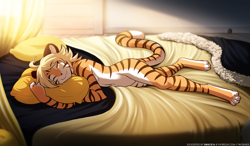 Size: 2091x1221 | Tagged: suggestive, artist:twokinds, ivy (twokinds), fictional species, keidran, mammal, anthro, digitigrade anthro, twokinds, bed, bedroom, blonde hair, female, fur, hair, indoors, lying down, lying on bed, nudity, on bed, on side, one eye closed, pillow, solo, solo female, striped fur, tail