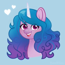 Size: 2491x2462 | Tagged: safe, artist:ninnydraws, izzy moonbow (mlp), equine, fictional species, mammal, pony, unicorn, feral, hasbro, my little pony, my little pony g5, spoiler, spoiler:my little pony g5, 2021, bust, cute, female, gradient mane, heart, high res, horn, horn pattern, mare, solo, solo female, speculation