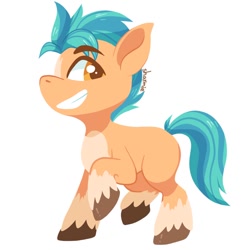 Size: 900x900 | Tagged: safe, artist:sharmie, hitch trailblazer (mlp), earth pony, equine, fictional species, mammal, pony, feral, hasbro, my little pony, my little pony g5, spoiler, spoiler:my little pony g5, 2021, blaze (coat marking), coat markings, grin, hooves, looking sideways, male, raised hoof, simple background, socks (leg marking), solo, solo male, speculation, stallion, tail, unshorn fetlocks, white background