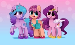 Size: 4096x2439 | Tagged: safe, artist:kittyrosie, izzy moonbow (mlp), pipp petals (mlp), sunny starscout (mlp), earth pony, equine, fictional species, mammal, pegasus, pony, unicorn, feral, hasbro, my little pony, my little pony g5, spoiler, spoiler:my little pony g5, 2021, bag, bracelet, braid, circlet, cute, cutie mark, feathered wings, feathers, female, females only, gradient mane, gradient tail, hair, high res, hooves, horn, horn pattern, jewelry, mare, raised hoof, simple background, speculation, tail, trio, trio female, unshorn fetlocks, white wings, wings