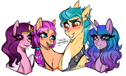 Size: 1024x622 | Tagged: safe, artist:nekomellow, hitch trailblazer (mlp), izzy moonbow (mlp), pipp petals (mlp), sunny starscout (mlp), earth pony, equine, fictional species, mammal, pegasus, pony, unicorn, feral, hasbro, my little pony, my little pony g5, spoiler, spoiler:my little pony g5, 2021, blushing, braid, bust, circlet, dialogue, female, gradient mane, hair, horn, horn pattern, male, mare, mirin, quartet, simple background, speculation, speech bubble, stallion, talking, text, transparent background