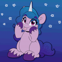 Size: 600x600 | Tagged: safe, artist:partylikeanartist, izzy moonbow (mlp), equine, fictional species, mammal, pony, unicorn, feral, hasbro, my little pony, my little pony g5, spoiler, spoiler:my little pony g5, 2021, animated, blank flank, blep, cheek squish, chubby cheeks, cute, female, gif, gradient mane, gradient tail, hooves, horn, horn pattern, mare, simple background, sitting, solo, solo female, speculation, squishy cheeks, tail, tongue, tongue out, unshorn fetlocks