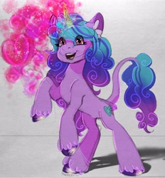 Size: 1902x2048 | Tagged: safe, artist:bonegotchi, izzy moonbow (mlp), classical unicorn, equine, fictional species, mammal, pony, unicorn, feral, hasbro, my little pony, my little pony g5, spoiler, spoiler:my little pony g5, 2021, ear fluff, female, fluff, glowing, glowing horn, gradient mane, gradient tail, happy, hooves, horn, horn pattern, magic, mare, solo, solo female, speculation, tail, unshorn fetlocks