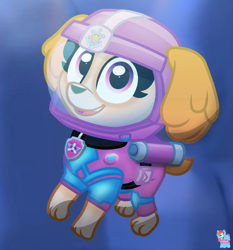 Size: 1920x2060 | Tagged: source needed, safe, artist:rainbow eevee, skye (paw patrol), canine, cockapoo, dog, mammal, feral, nickelodeon, paw patrol, cute, female, helmet, looking at you, open mouth, oxygen tank, pink eyes, scuba, scuba gear, smiling, smiling at you, solo, solo female, underwater, water, watermark