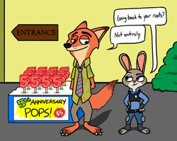 Size: 3670x2942 | Tagged: safe, artist:animationfan15, judy hopps (zootopia), nick wilde (zootopia), canine, fox, lagomorph, mammal, rabbit, anthro, disney, zootopia, 2021, anniversary, bottomwear, bush, clothes, dialogue, digital art, duo, female, food, fur, green eyes, grin, hand on hip, high res, looking at each other, male, multicolored fur, necktie, pants, police uniform, popsicle, purple eyes, smiling, talking, text