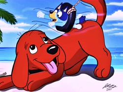 Size: 12456x9325 | Tagged: safe, artist:yingcartoonman, bluey heeler (bluey), clifford (clifford), australian cattle dog, canine, dog, mammal, feral, semi-anthro, bluey (series), clifford the big red dog, pbs, 2021, absurd resolution, beach, blue body, blue fur, cloudy, crossover, cute, duo, duo male and female, female, fur, furry confusion, larger male, macro/micro, male, palm tree, playful, puppy, red body, red fur, rope, shoreline, size difference, sky, smaller female, tire, tire swing, tree, young