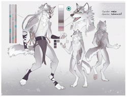 Size: 1280x972 | Tagged: safe, artist:orphen-sirius, oc, oc only, oc:aleksandr (suave senpai), canine, fictional species, mammal, werewolf, wolf, anthro, digitigrade anthro, 2020, abstract background, arm wraps, character name, cheek fluff, clothes, color palette, complete nudity, digital art, dreadlocks, fangs, featureless crotch, fluff, fur, gray body, gray fur, hair, leg wraps, loincloth, male, neck fluff, nudity, open mouth, palm pads, paw pads, paws, pubic fluff, reference sheet, sharp teeth, solo, solo male, teal eyes, teeth, underpaw, white body, white fur, wraps