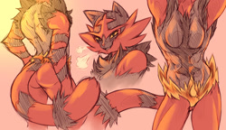 Size: 2000x1150 | Tagged: safe, artist:plague of gripes, fictional species, incineroar, mammal, anthro, cc by-nc, creative commons, nintendo, pokémon, 2018, breasts, bust, chest fluff, featureless breasts, female, females only, fluff, smiling, starter pokémon, tail