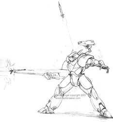 Size: 544x583 | Tagged: species needed, safe, artist:baron engel, oc, oc only, mammal, anthro, plantigrade anthro, 2007, armor, gun, mech, missile, rifle, sci-fi, sketch, traditional art, watermark, weapon