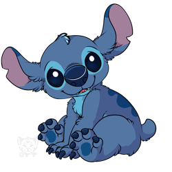 Size: 900x900 | Tagged: safe, artist:brevity, stitch (lilo & stitch), alien, experiment (lilo & stitch), fictional species, feral, disney, lilo & stitch, 2014, 4 toes, back marking, blue body, blue eyes, blue fur, blue nose, blue paw pads, chest fluff, digital art, ear marking, ears, fluff, fur, head fluff, looking at you, male, open mouth, open smile, short tail, simple background, sitting, smiling, solo, solo male, tail, toe claws, torn ear, transparent background, watermark
