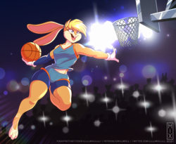 Size: 1125x921 | Tagged: safe, artist:galacticmichi, lola bunny (looney tunes), lagomorph, mammal, rabbit, anthro, looney tunes, space jam, space jam: a new legacy, warner brothers, 2021, ball, basket, basketball, belly button, blonde hair, bottomwear, breasts, clothes, female, gloves, hair, lights, long ears, open mouth, open smile, paws, shorts, smiling, solo, solo female, sports bra, sports shorts, teeth, tongue, topwear
