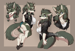 Size: 1200x805 | Tagged: safe, artist:teranen, link (wolf form), link (zelda), canine, mammal, wolf, anthro, nintendo, the legend of zelda, the legend of zelda: twilight princess, 2021, border, breasts, clothes, ears, female, paws, rule 63, simple background, solo, solo female, tail, tongue, tongue out