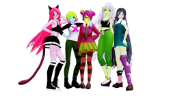 Size: 1024x576 | Tagged: safe, artist:ryderaijou, creepy (teen-z), greeny (teen-z), mermaid (teen-z), nerd (teen-z), pinky (teen-z), animal humanoid, cat, elf, feline, fictional species, fish, mammal, mermaid, nymph, undead, zombie, humanoid, teen-z, 2021, 3d, bottomwear, clothes, ears, female, females only, group, hair, makeup, miku miku dance, nerd, shirt, shoes, skirt, socks, tail, topwear