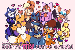 Size: 3000x1995 | Tagged: safe, artist:gonenannurs, isabelle (animal crossing), krystal (star fox), lola bunny (looney tunes), maid marian (robin hood), princess sally acorn (sonic), rouge the bat (sonic), bat, canine, chipmunk, dog, fictional species, fox, lucario, mammal, renamon, rodent, shih tzu, anthro, animal crossing, archie sonic the hedgehog, digimon, disney, looney tunes, nintendo, pokémon, robin hood (disney), sega, sonic the hedgehog (series), star fox, warner brothers, 2021, bedroom eyes, blue body, blue eyes, blue fur, blue hair, blushing, brown body, brown eyes, brown fur, brown hair, clothes, crossed arms, crossover, dipstick ears, dipstick tail, english text, eyebrows, eyelashes, eyes closed, eyeshadow, female, females only, fur, furry fandom, gesture, green eyes, group, hair, hair bun, hand on cheek, hand on hip, headdress, heart, holiday, looking at you, love heart, makeup, one eye closed, open mouth, orange body, orange fur, pink background, short tail, simple background, smiling, smiling at you, sweat, sweatdrop, tail, teal eyes, text, valentine's day, vixen, waving, webbed wings, white body, white fur, wings, yellow body, yellow fur
