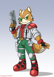 Size: 1280x1793 | Tagged: safe, artist:omegasunburst, fox mccloud (star fox), canine, fox, mammal, anthro, plantigrade anthro, nintendo, star fox, 2021, abstract background, blaster, boots, brown body, brown fur, clothes, cream body, cream fur, dipstick tail, energy weapon, fingerless gloves, fur, gloves, green eyes, gun, looking at you, male, shoes, solo, solo male, tail, topwear, vest, weapon
