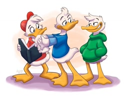 Size: 800x618 | Tagged: safe, artist:orlandofox, dewey duck (disney), huey duck (disney), louie duck (disney), bird, duck, waterfowl, anthro, disney, ducktales, ducktales (2017), mickey and friends, 2019, 2d, beak, bird feet, black eyes, book, brother, brothers, cheek fluff, clothes, feathers, fluff, hat, head fluff, holding, holding book, holding object, male, males only, shirt, siblings, sweater, t-shirt, topwear, trio, trio male, white feathers, yellow beak