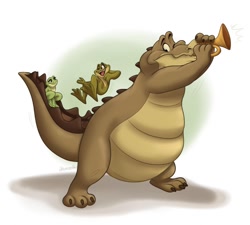 Size: 800x721 | Tagged: safe, artist:orlandofox, louis (the princess and the frog), prince naveen (the princess and the frog), princess tiana (the princess and the frog), alligator, amphibian, crocodilian, frog, reptile, semi-anthro, disney, the princess and the frog, 2019, 2d, female, green body, group, male, musical instrument, one eye closed, trio, trumpet, yellow belly