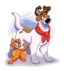 Size: 719x800 | Tagged: safe, artist:orlandofox, dodger (oliver & company), oliver (oliver & company), canine, cat, dog, feline, jack russell terrier, mammal, terrier, feral, disney, oliver & company, 2019, 2d, bandanna, black eyes, black nose, cheek fluff, clothes, duo, duo male, fluff, front view, fur, head fluff, kitten, leg fluff, looking at each other, male, males only, multicolored body, multicolored fur, orange body, orange fur, pink nose, red nose, tail, tail fluff, three-quarter view, whiskers, yellow belly, young