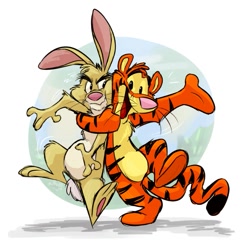 Size: 787x800 | Tagged: safe, artist:orlandofox, rabbit (winnie-the-pooh), tigger (winnie-the-pooh), big cat, feline, lagomorph, mammal, rabbit, tiger, semi-anthro, disney, winnie-the-pooh, 2d, arm fluff, cheek fluff, colored tongue, duo, duo male, fluff, fur, head fluff, leg fluff, looking at each other, male, males only, open mouth, open smile, pink nose, red tongue, smiling, striped body, striped fur, tongue, unamused, whiskers, white belly, yellow belly, yellow body, yellow fur
