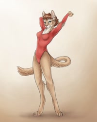 Size: 1200x1500 | Tagged: safe, artist:soot_ashby, cat, feline, mammal, anthro, 2021, arms above head, arms behind head, breasts, clothes, female, fluff, leotard, neck fluff, solo, solo female, stretching