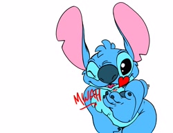 Size: 3300x2550 | Tagged: safe, artist:dylbun, stitch (lilo & stitch), alien, experiment (lilo & stitch), fictional species, semi-anthro, disney, lilo & stitch, 2020, 4 fingers, black eyes, blowing a kiss, blue body, blue fur, blue nose, chest fluff, ears, flat colors, fluff, fur, head fluff, heart, high res, leaning forward, male, one eye closed, simple background, solo, solo male, tail, tail wag, text, torn ear, white background, winking