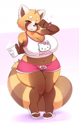 Size: 1072x1710 | Tagged: suggestive, artist:secretly_saucy, hello kitty (sanrio), retsuko (aggretsuko), mammal, red panda, anthro, aggretsuko, hello kitty (series), sanrio, 2019, 4 fingers, 4 toes, belly, belly button, big breasts, bipedal, bottomwear, breasts, brown body, brown fur, cleavage, clothes, coffee, crop top, crossover, cup, curvy figure, deep belly button, drink, feet, female, fingers, footwear, fur, huge breasts, looking at you, midriff, multicolored fur, open mouth, pigeon toed, sandals, shirt, shoes, short shorts, shorts, shortstack, slightly chubby, solo, solo female, standing, tank top, thick thighs, thighs, tired, toes, topwear, two toned body, two toned fur, voluptuous, wide hips