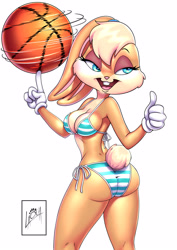 Size: 2894x4093 | Tagged: suggestive, artist:pandazul23, lola bunny (looney tunes), lagomorph, mammal, rabbit, anthro, looney tunes, space jam, warner brothers, 2021, ball, basketball, bedroom eyes, bikini, blonde hair, blue bikini, blue eyes, blue swimsuit, boobs and butt pose, breasts, butt, cleavage, clothes, eyebrows, eyelashes, female, gloves, hair, high res, long ears, open mouth, short tail, simple background, solo, solo female, swimsuit, tail, thumbs up, tongue, white background