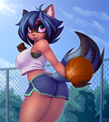 Size: 1164x1304 | Tagged: safe, artist:lightly-san, michiru kagemori (bna), canine, mammal, raccoon dog, anthro, bna: brand new animal, 2021, ball, basketball, black nose, bottomwear, breasts, butt, clothes, ear fluff, ears, eyebrows, eyelashes, fangs, female, fence, fluff, furgonomics, looking at you, looking back, looking back at you, multicolored eyes, open mouth, outdoors, sharp teeth, shorts, solo, solo female, tail, tail hole, teeth, tongue, topwear, two toned eyes, underass
