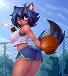 Size: 1164x1304 | Tagged: safe, alternate version, artist:lightly-san, michiru kagemori (bna), canine, mammal, raccoon dog, anthro, bna: brand new animal, 2021, ball, basketball, black nose, bottomwear, breasts, butt, clothes, dialogue, ear fluff, ears, eyebrows, eyelashes, fangs, female, fence, fluff, furgonomics, looking at you, looking back, looking back at you, monologue, multicolored eyes, open mouth, outdoors, sharp teeth, shorts, solo, solo female, tail, tail hole, talking, teeth, tongue, topwear, two toned eyes