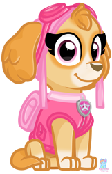 Size: 919x1419 | Tagged: source needed, safe, artist:rainbow eevee, part of a set, skye (paw patrol), canine, cockapoo, dog, mammal, feral, nickelodeon, paw patrol, collar, cute, female, goggles, goggles on head, grin, jetpack, looking at you, simple background, sitting, smiling, smiling at you, solo, solo female, transparent background, vector