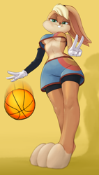 Size: 1300x2293 | Tagged: suggestive, artist:pencils, lola bunny (looney tunes), lagomorph, mammal, rabbit, anthro, looney tunes, space jam, space jam: a new legacy, warner brothers, 2021, ball, basketball, blonde hair, bottomwear, breasts, buckteeth, clothes, countershading, cream body, cream fur, crop top, eyebrows, eyelashes, female, fur, gesture, gloves, green eyes, hair, long ears, looking at you, looking back, looking back at you, looking down, looking down at you, midriff, motion blur, multicolored fur, paws, shorts, simple background, smiling, smiling at you, solo, solo female, sports bra, sports shorts, tan body, tan fur, teeth, topwear, two toned body, two toned fur, underboob, v sign, wide hips, yellow background