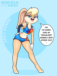 Size: 960x1280 | Tagged: suggestive, artist:skyfield999, lola bunny (looney tunes), lagomorph, mammal, rabbit, anthro, looney tunes, space jam, space jam: a new legacy, warner brothers, 2021, belly button, blonde hair, bottomwear, breasts, clothes, crop top, dialogue, eyebrows, eyelashes, eyeshadow, female, gloves, hair, long ears, looking at you, makeup, midriff, open mouth, paws, short tail, shorts, solo, solo female, speech bubble, sports bra, sports shorts, tail, talking, teal eyes, teeth, tongue, topwear