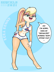 Size: 960x1280 | Tagged: suggestive, alternate version, artist:skyfield999, lola bunny (looney tunes), lagomorph, mammal, rabbit, anthro, looney tunes, space jam, warner brothers, 2021, belly button, blonde hair, bottomwear, breasts, clothes, crop top, dialogue, eyebrows, eyelashes, eyeshadow, female, gloves, hair, long ears, looking at you, makeup, midriff, open mouth, paws, short tail, shorts, solo, solo female, speech bubble, sports bra, sports shorts, tail, talking, teal eyes, teeth, tongue, topwear