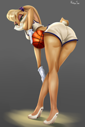 Size: 2500x3726 | Tagged: suggestive, artist:nastya-tan, lola bunny (looney tunes), lagomorph, mammal, rabbit, anthro, looney tunes, space jam, warner brothers, 2021, ball, basketball, bedroom eyes, blonde hair, bottomwear, breasts, butt, clothes, commission, eyelashes, eyeshadow, female, gloves, green eyes, hair, high res, long ears, looking at you, looking back, looking back at you, makeup, paws, rear view, short tail, shorts, smirk, solo, solo female, sports bra, sports shorts, tail, topwear, ych result