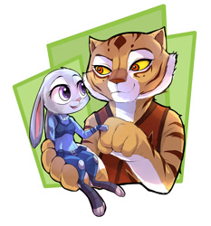 Size: 839x900 | Tagged: safe, artist:菜包return, judy hopps (zootopia), master tigress (kung fu panda), big cat, feline, lagomorph, mammal, rabbit, tiger, anthro, digitigrade anthro, disney, dreamworks animation, kung fu panda, zootopia, 2016, abstract background, awww, carrying, chest fluff, clothes, colored sclera, crossover, cute, duo, duo female, eye contact, eyebrows, eyelashes, female, females only, fist bump, floppy ears, fluff, fur, gray body, gray fur, long ears, looking at each other, open mouth, orange eyes, police uniform, purple eyes, size difference, smiling, striped fur, tan body, tan fur, white body, white fur, yellow sclera