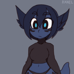 Size: 360x360 | Tagged: safe, artist:kanel, oc, oc only, oc:smolder (kanel), animal humanoid, dragon, fictional species, mammal, reptile, humanoid, 2017, 2d, 2d animation, animated, big butt, black body, black hair, blinking, blue eyes, blue skin, blushing, breasts, butt, clothes, colored flesh, crop top, cute, female, frame by frame, gif, hair, heart, heart eyes, legwear, low res, midriff, no pants, open mouth, panties, reaction image, shortstack, sign, simple background, solo, solo female, stockings, sweater, tail, tail wag, text, thick thighs, thighs, topwear, turtleneck, underwear, wide hips, wingding eyes