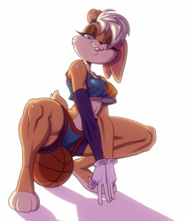 Size: 860x1024 | Tagged: suggestive, artist:groove1121, lola bunny (looney tunes), lagomorph, leporid, mammal, rabbit, anthro, looney tunes, space jam, space jam: a new legacy, warner brothers, 2021, ball, basketball, basketball uniform, blonde hair, breasts, clothes, crop top, female, fur, hair, midriff, muscular thighs, simple background, solo, solo female, spacesuit, squatting, tan body, tan fur, thick thighs, thighs, topwear, underboob, white background