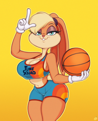 Size: 812x1000 | Tagged: safe, artist:daxzor, lola bunny (looney tunes), lagomorph, mammal, rabbit, anthro, looney tunes, space jam, space jam: a new legacy, warner brothers, 2021, ball, basketball, bedroom eyes, belly button, big breasts, blonde hair, bottomwear, breasts, clothes, crop top, eyebrows, eyelashes, female, gloves, hair, long ears, looking at you, midriff, short tail, shorts, simple background, smiling, smiling at you, solo, solo female, sports bra, sports shorts, tail, teal eyes, thick thighs, thighs, topwear, yellow background