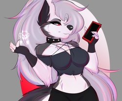 Size: 2859x2364 | Tagged: safe, artist:matt838, loona (vivzmind), canine, fictional species, hellhound, mammal, anthro, hazbin hotel, helluva boss, 2020, big tail, black body, black fur, black nose, bottomwear, breasts, cell phone, chest fluff, claws, clothes, collar, colored sclera, crop top, ear fluff, ears, female, fingerless gloves, fluff, fur, gloves, gray background, gray hair, hair, hair over one eye, hands, high res, long hair, looking at you, multicolored fur, paws, phone, red sclera, shoulder fluff, silver eyes, simple background, solo, solo female, spiked collar, tail, topwear, two toned body, two toned fur, watermark, white body, white eyes, white fur, white hair