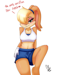 Size: 1782x2247 | Tagged: safe, artist:nennachan, lola bunny (looney tunes), lagomorph, mammal, rabbit, anthro, looney tunes, space jam, space jam: a new legacy, warner brothers, 2021, adorasexy, belly button, blonde hair, blushing, bottomwear, breasts, clothes, cream body, cream fur, crop top, cute, dialogue, eyebrows, eyelashes, eyeshadow, female, fur, gloves, hair, hair over one eye, long ears, looking at you, makeup, midriff, multicolored fur, paws, sexy, shorts, simple background, smiling, smiling at you, solo, solo female, talking, tan body, tan fur, tank top, teal eyes, teasing, topwear, two toned body, two toned fur, white background