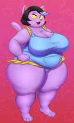 Size: 771x1280 | Tagged: suggestive, artist:huwon, catty (undertale), cat, feline, mammal, anthro, undertale, 2021, abstract background, barefoot, belly, blushing, breasts, cleavage, clothes, colored sclera, ear piercing, fat, female, fur, hand on hip, huge breasts, long tail, looking at you, open mouth, overalls, overweight, piercing, purple body, purple fur, solo, solo female, tail, thick thighs, thighs, whiskers, yellow sclera
