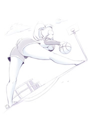 Size: 970x1371 | Tagged: suggestive, artist:viejillox, lola bunny (looney tunes), lagomorph, mammal, rabbit, anthro, looney tunes, space jam, warner brothers, 2021, ball, basketball, bottomwear, breasts, butt, clothes, crop top, female, line art, monochrome, outdoors, rear view, short tail, shorts, sketch, solo, solo female, tail, topwear, underboob